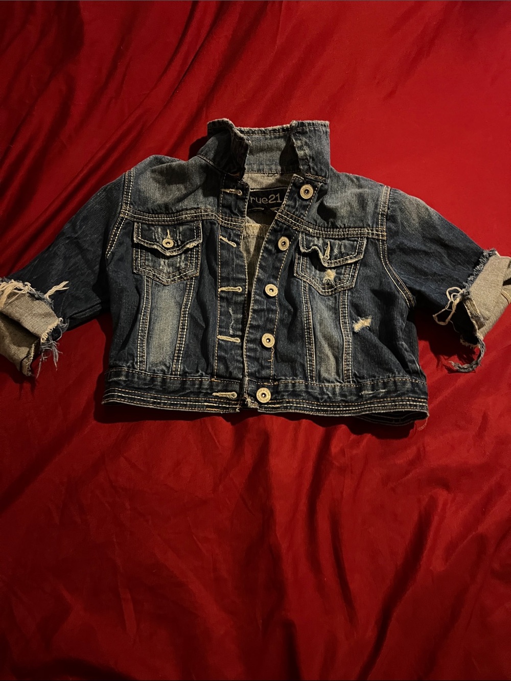 Rue21 Dark Blue Distressed Cropped Denim Jacket